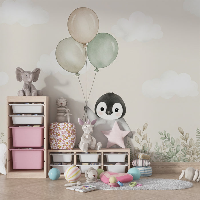 Papier peint chambre bébé | Pingouin joyeux avec des ballons