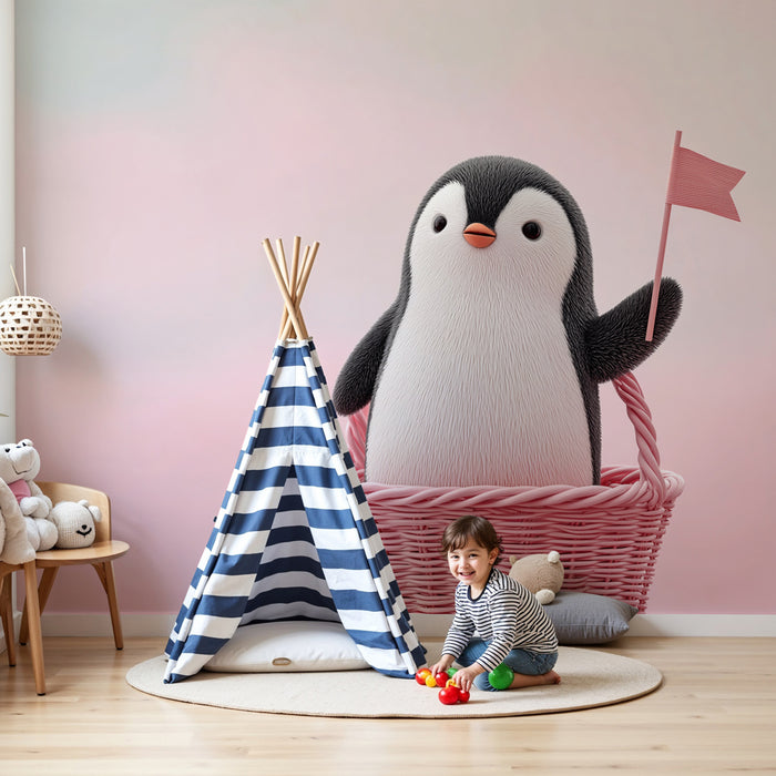 Papel de parede quarto bebê | Pingüim feliz na sua cesta