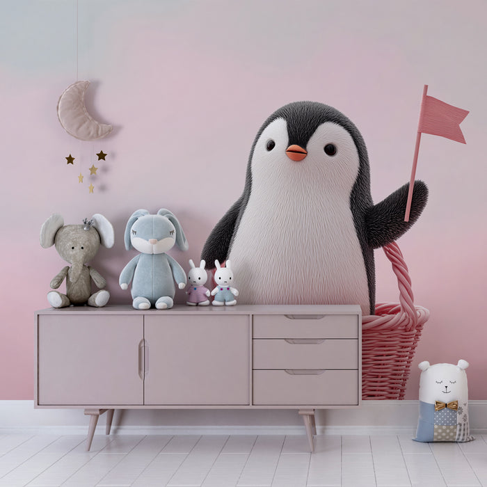 Papel de parede quarto bebê | Pingüim feliz na sua cesta