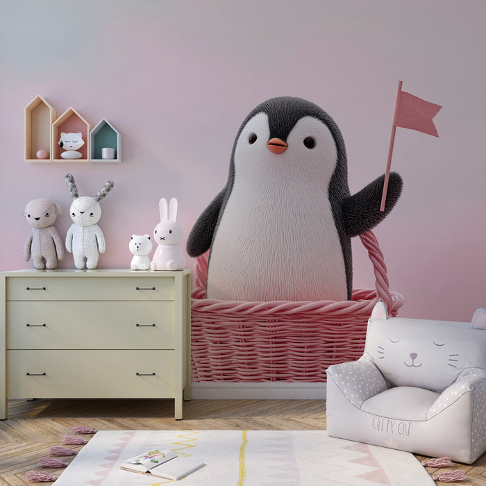 Papel de parede quarto bebê | Pingüim feliz na sua cesta