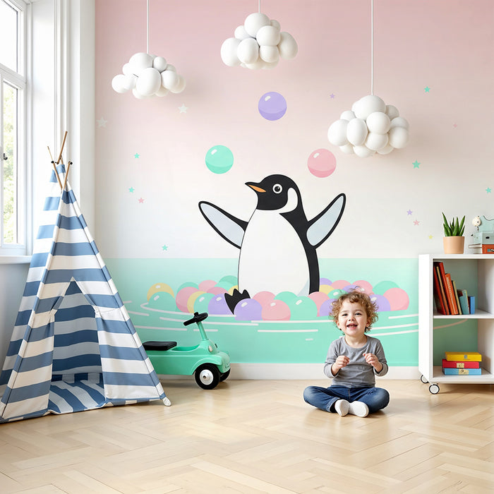 Papel de parede quarto bebê | Pingüim feliz em um oceano de bolas coloridas