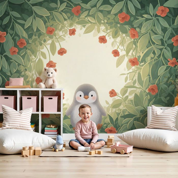 Papel de parede quarto bebê | Pinguim fofo no meio das flores