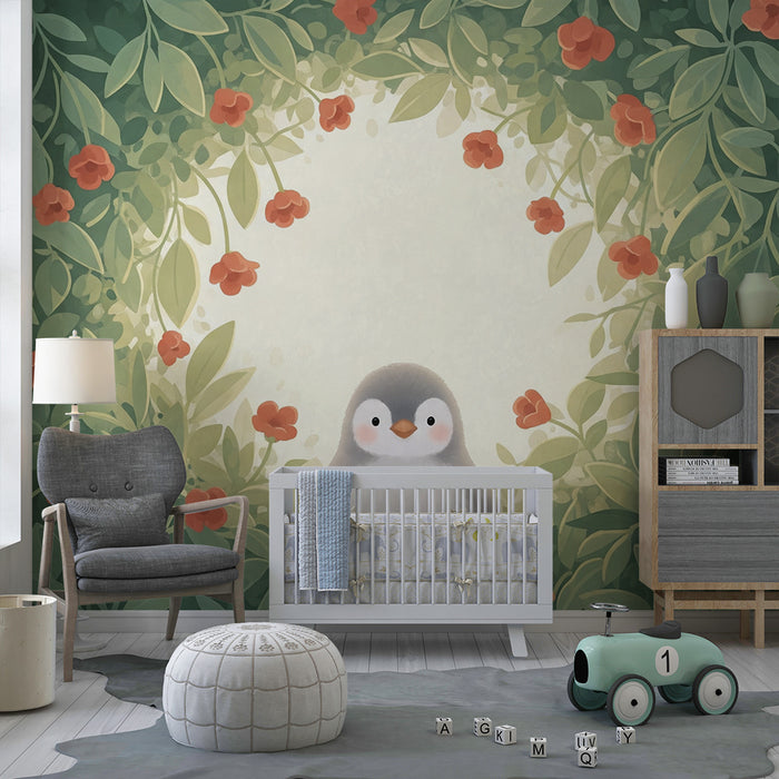 Papel de parede quarto bebê | Pinguim fofo no meio das flores