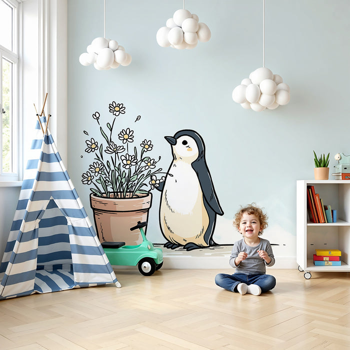 Papel de parede quarto bebê | Pinguim fofo com flores num vaso