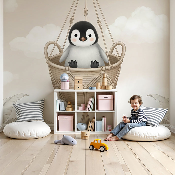 Babykamer behang | Schattige pinguïn in een hangende mand