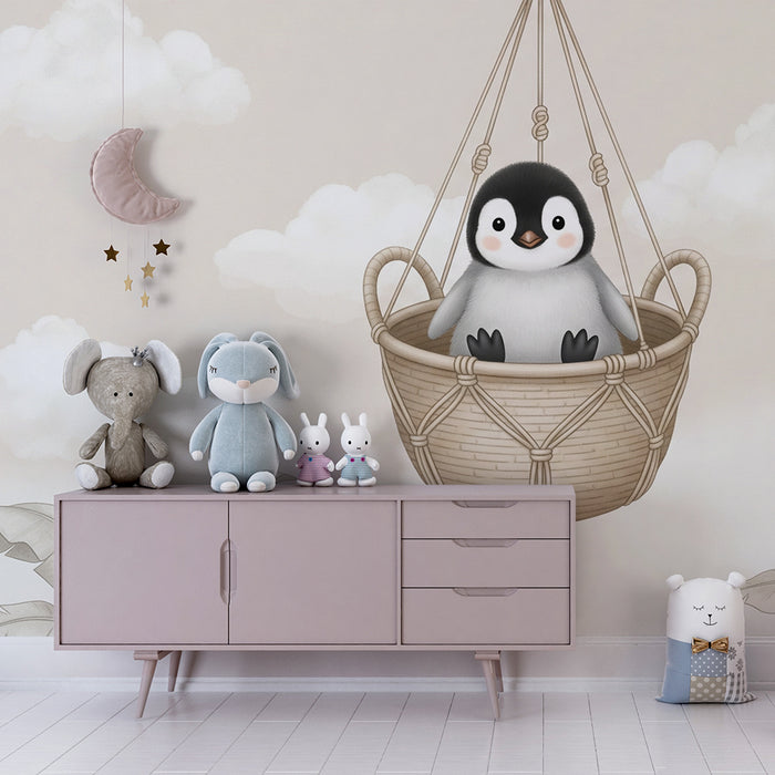 Babykamer behang | Schattige pinguïn in een hangende mand