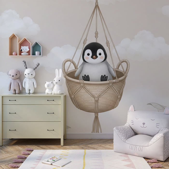 Babykamer behang | Schattige pinguïn in een hangende mand