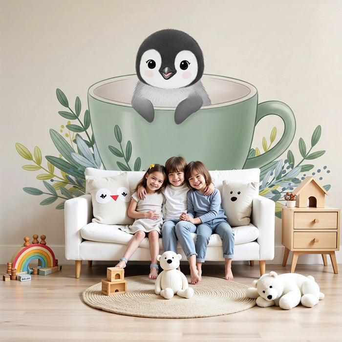 Lastenhuoneen tapetti | Söpö pingviini kupissa