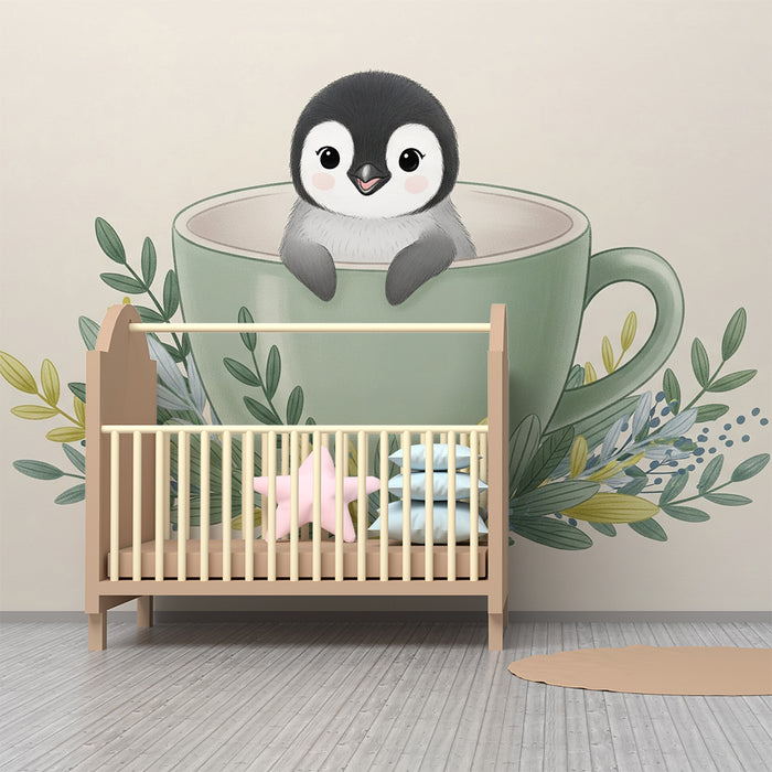 Lastenhuoneen tapetti | Söpö pingviini kupissa