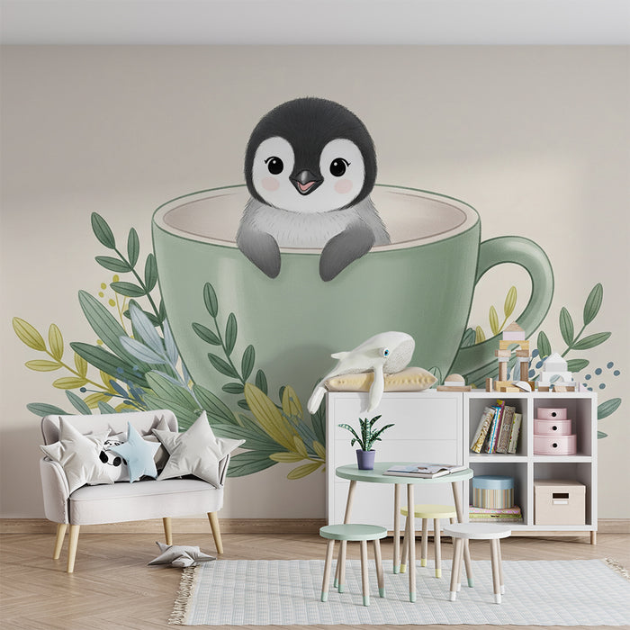 Lastenhuoneen tapetti | Söpö pingviini kupissa