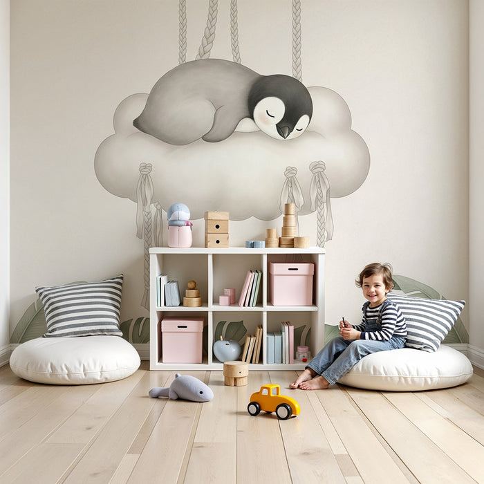 Papier peint chambre bébé | Pingouin mignon endormi sur un nuage