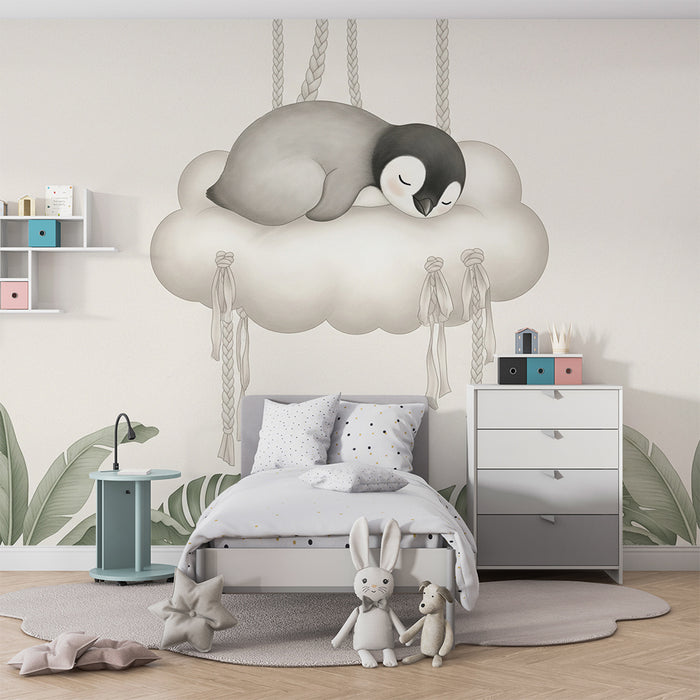 Papier peint chambre bébé | Pingouin mignon endormi sur un nuage