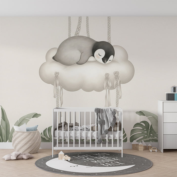 Papier peint chambre bébé | Pingouin mignon endormi sur un nuage