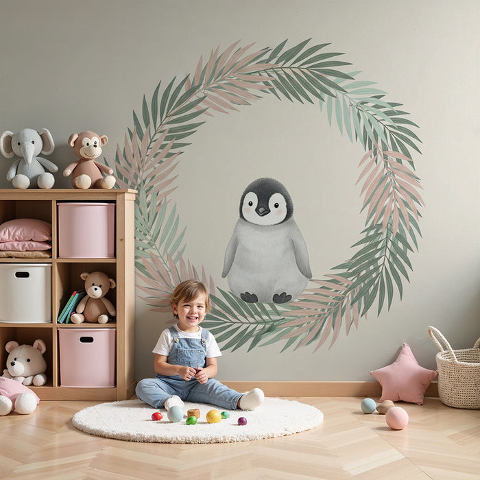 Papier peint chambre bébé | Pingouin mignon entouré de feuillage