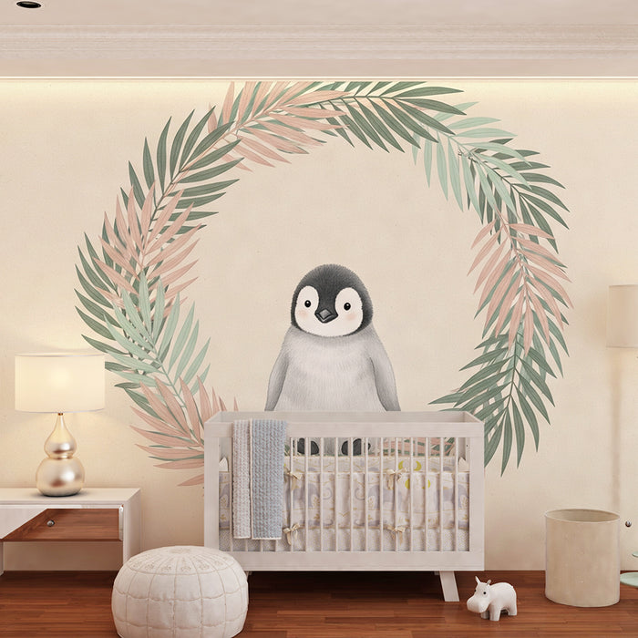Papier peint chambre bébé | Pingouin mignon entouré de feuillage