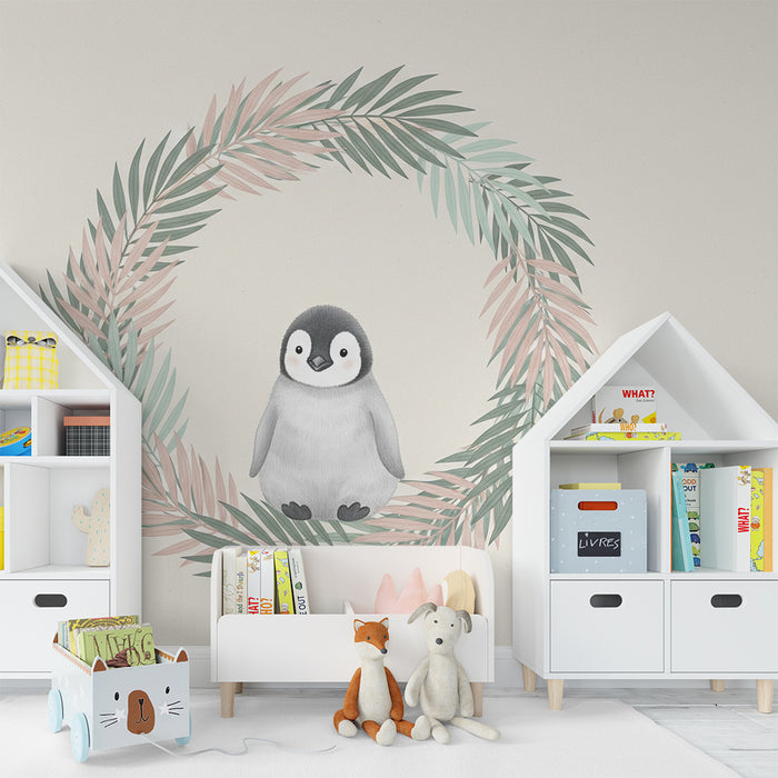 Papier peint chambre bébé | Pingouin mignon entouré de feuillage