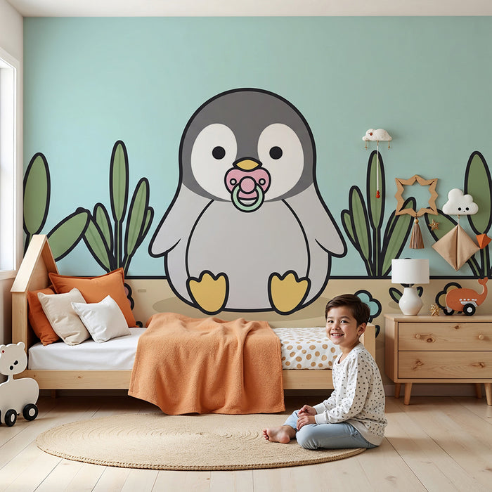 Papier peint chambre bébé | Pingouin mignon et fleurs colorées
