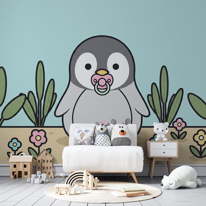 Papier peint chambre bébé | Pingouin mignon et fleurs colorées