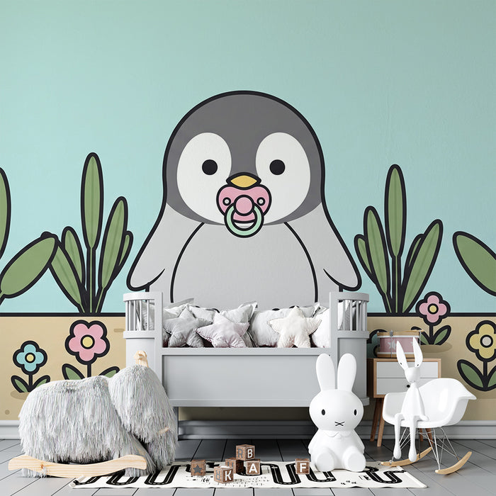 Papier peint chambre bébé | Pingouin mignon et fleurs colorées