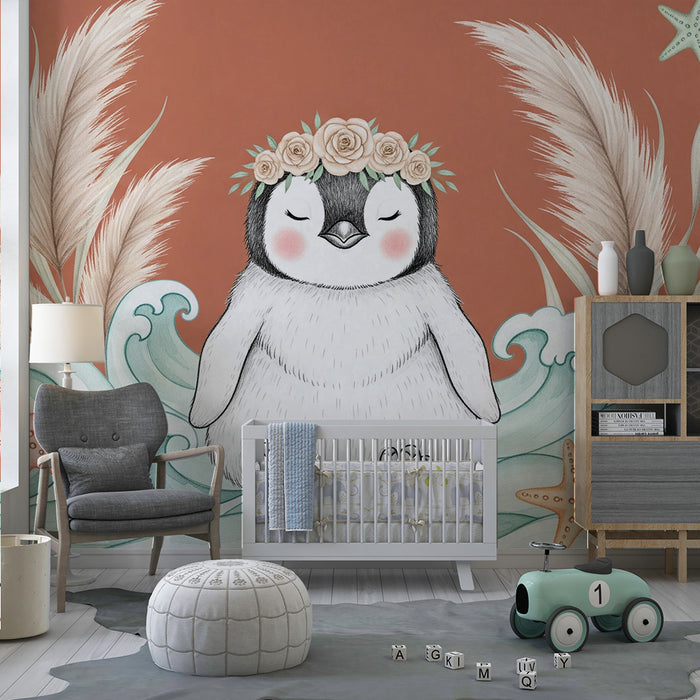 Papel de parede quarto bebê | Pinguim fofo e ondas marinhas