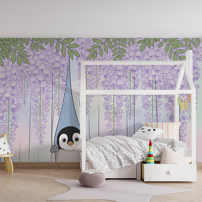 Papel de parede quarto bebê | Pinguim fofo sob as glicínias