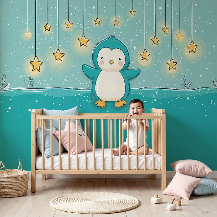 Papel de parede quarto bebê | Pinguim fofo sob um céu estrelado