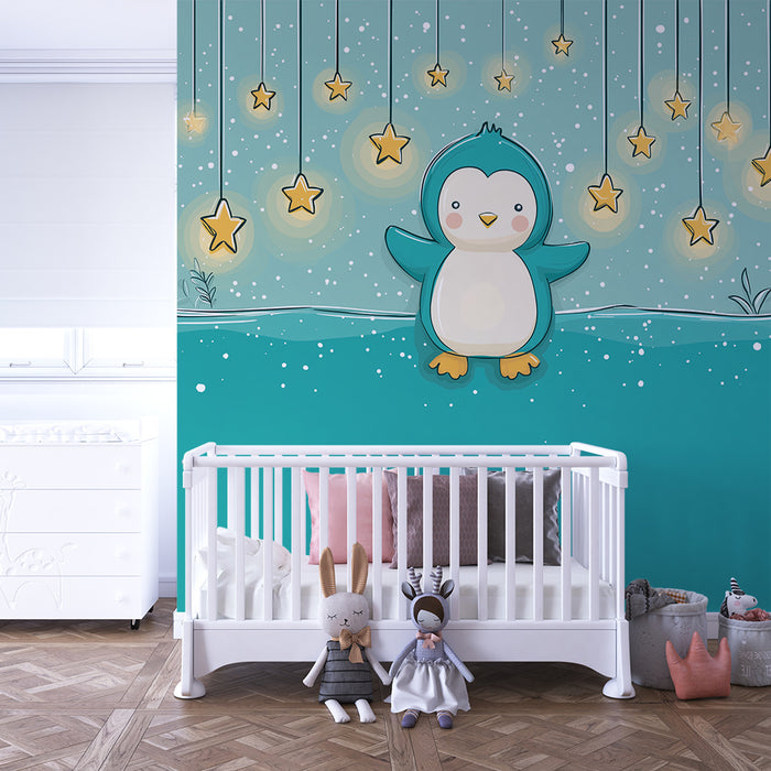 Papel de parede quarto bebê | Pinguim fofo sob um céu estrelado