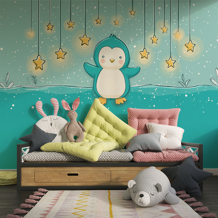 Papel de parede quarto bebê | Pinguim fofo sob um céu estrelado