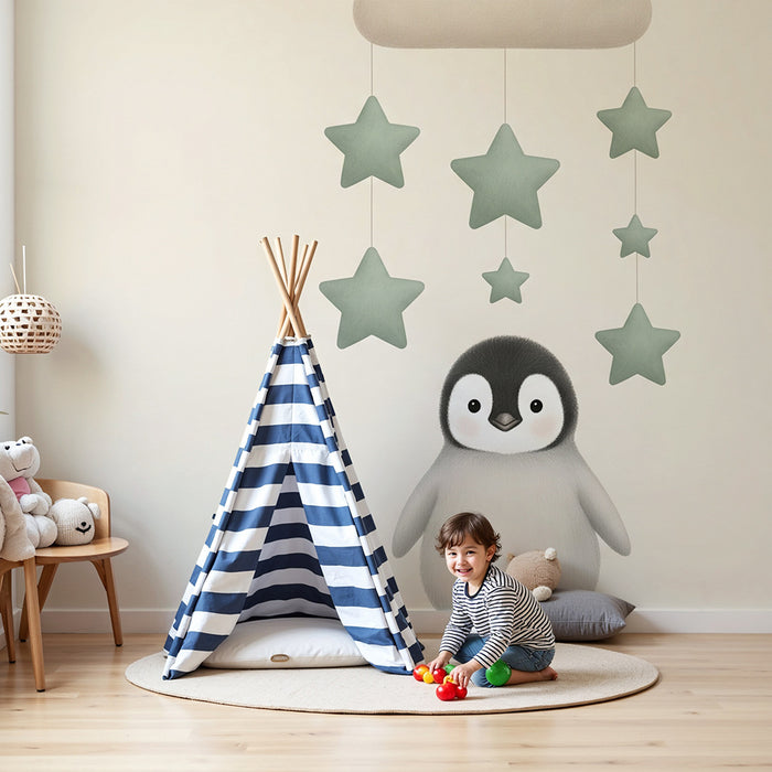 Papel de parede quarto bebê | Pinguim fofo sob uma nuvem estrelada