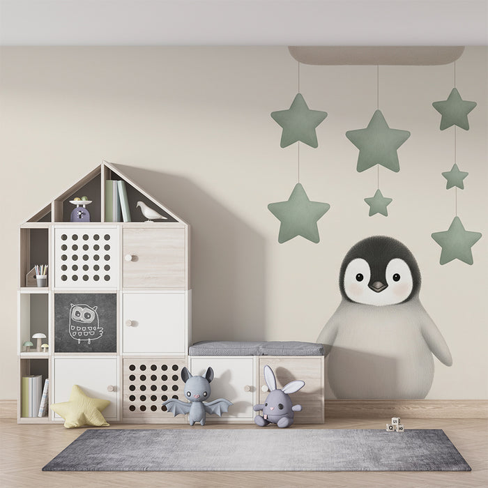 Papel de parede quarto bebê | Pinguim fofo sob uma nuvem estrelada