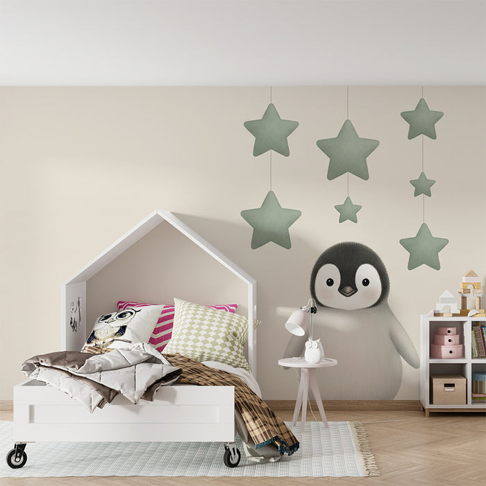 Papel de parede quarto bebê | Pinguim fofo sob uma nuvem estrelada