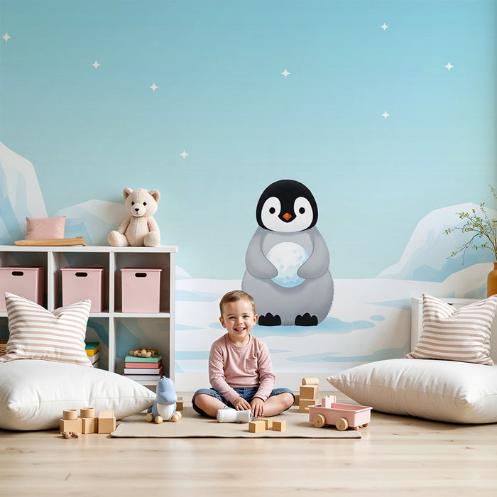 Papel de parede quarto bebê | Pinguim fofo em uma paisagem congelada