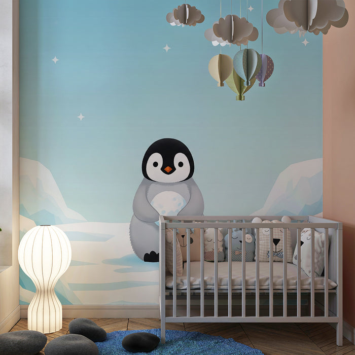 Papel de parede quarto bebê | Pinguim fofo em uma paisagem congelada