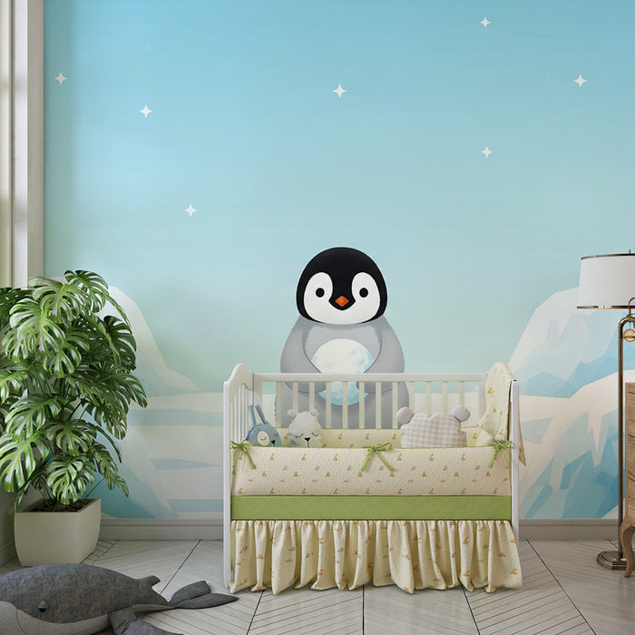 Papel de parede quarto bebê | Pinguim fofo em uma paisagem congelada