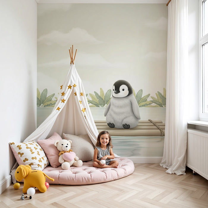 Papel pintado infantil | Pingüino lindo en una balsa
