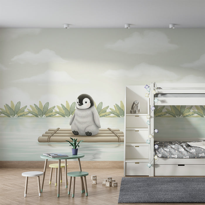 Papel pintado infantil | Pingüino lindo en una balsa