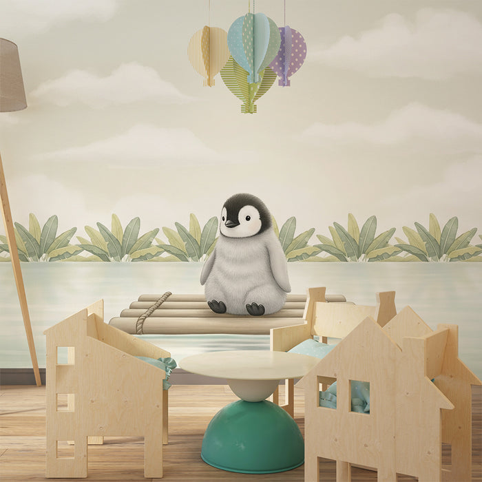Papel pintado infantil | Pingüino lindo en una balsa
