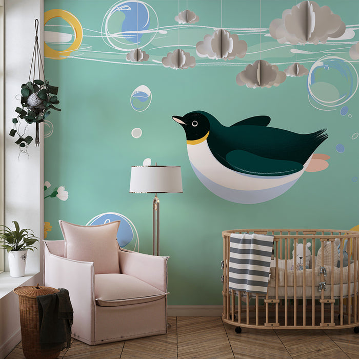 Børneværelse tapet | Pingvin svømmer blandt farverige bobler og blomster