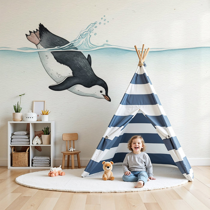 Papier peint chambre bébé | Pingouin nageur et décor marin