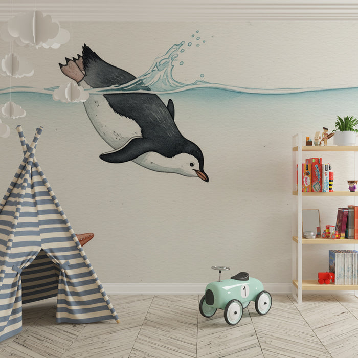 Papier peint chambre bébé | Pingouin nageur et décor marin