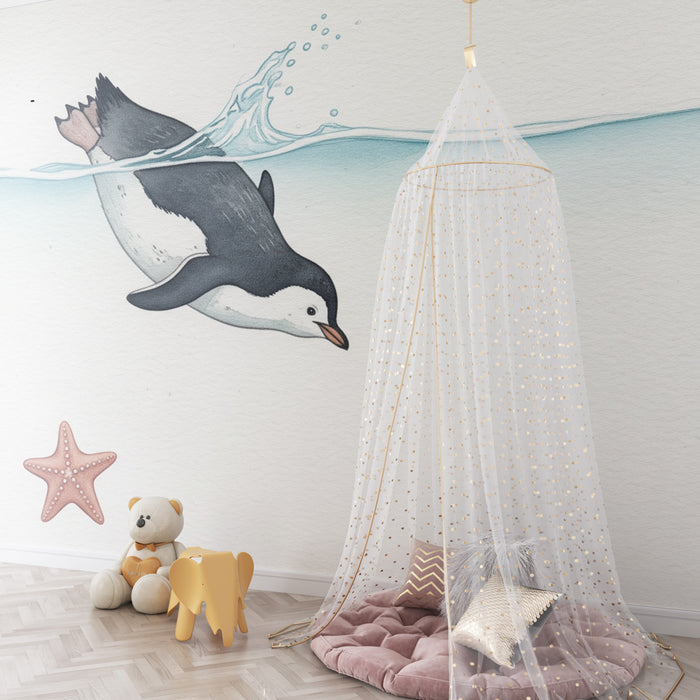 Papier peint chambre bébé | Pingouin nageur et décor marin