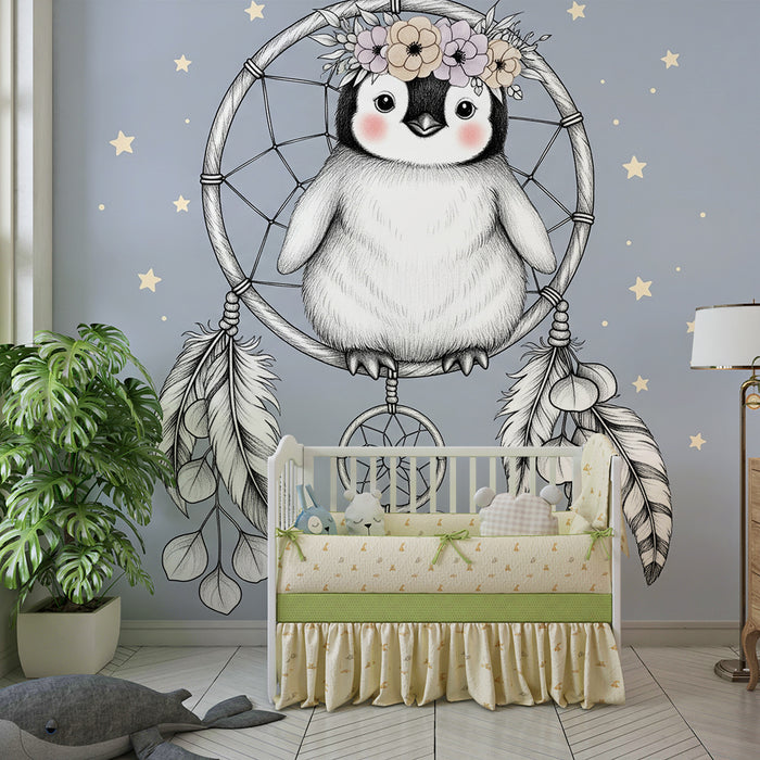 Børneværelse tapet | Drømmende pingvin i en drømmefanger