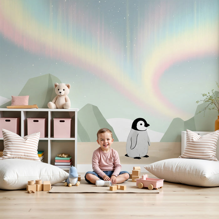 Papier peint chambre bébé | Pingouin sous les aurores boréales