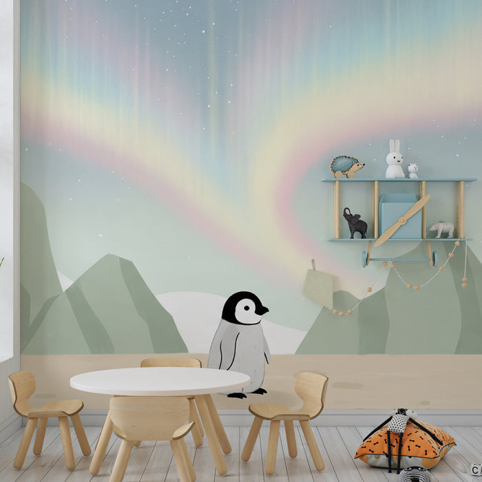 Papier peint chambre bébé | Pingouin sous les aurores boréales