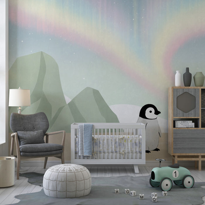Papier peint chambre bébé | Pingouin sous les aurores boréales