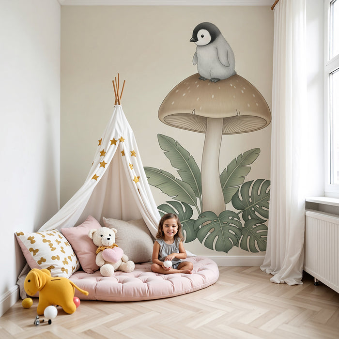 Papier peint chambre bébé | Pingouin sur champignon et feuillage tropical