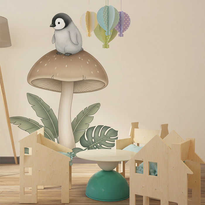 Papier peint chambre bébé | Pingouin sur champignon et feuillage tropical