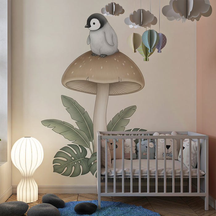 Papier peint chambre bébé | Pingouin sur champignon et feuillage tropical