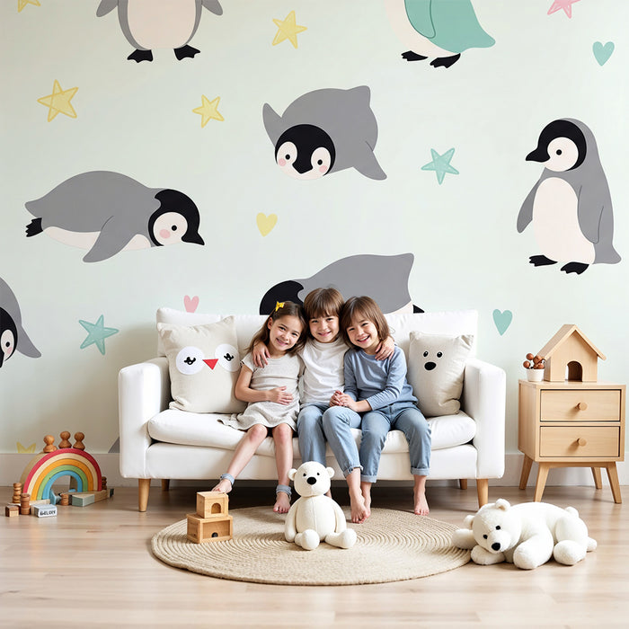 Papel de parede quarto bebê | Pinguns divertidos e estrelas coloridas