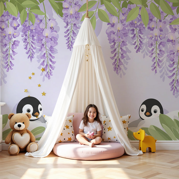 Papel de perede quarto bebê | Pinguini drăguți sub glicinii